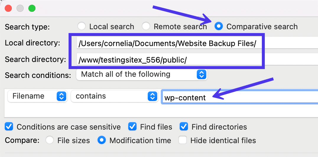 Sélectionnez le bouton Recherche comparative et choisissez les répertoires que vous voulez vérifier.