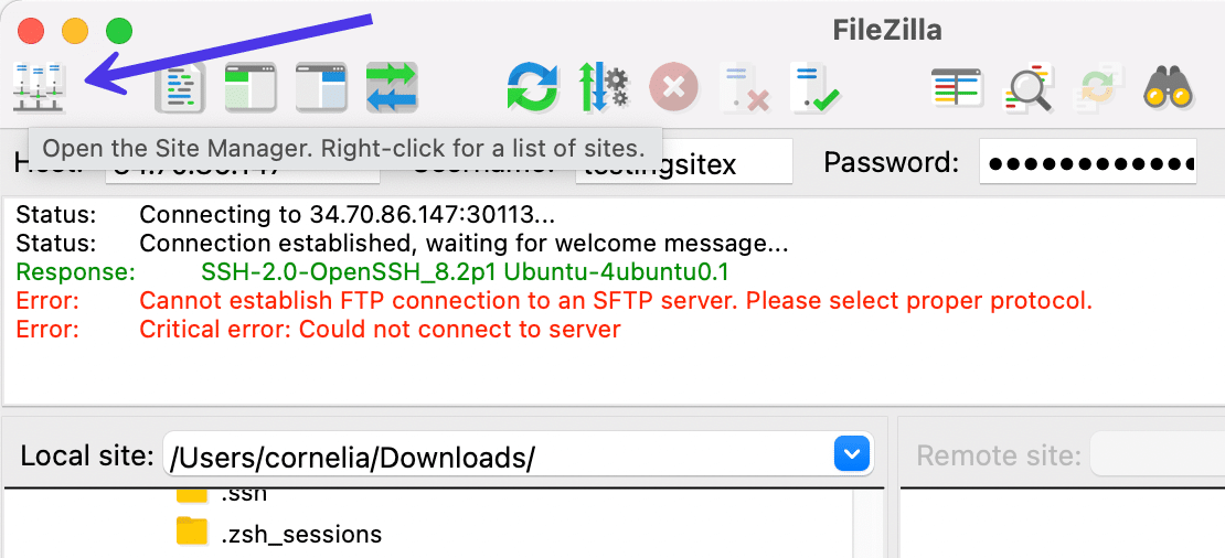 Schermata di FileZilla con una freccia che indica il pulsante Site Manager.