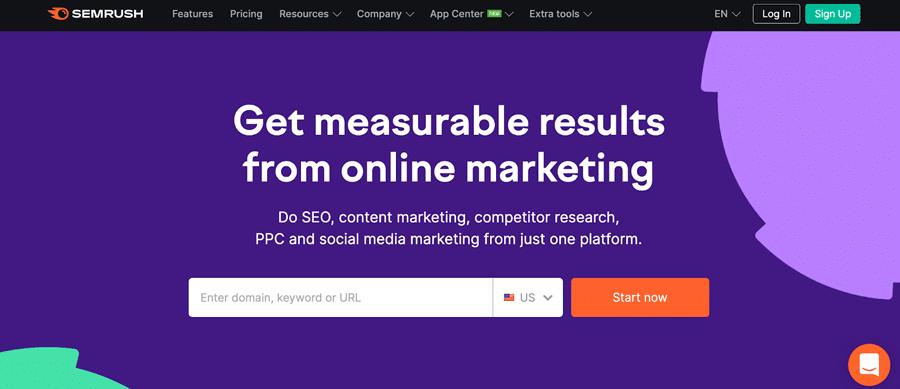 Semrushs hjemmeside, der siger, "Get measurable results from online marketing. Do SEO, content marketing, competitor research, PPC and social media marketing from just one platform" i hvid tekst på en lilla baggrund.