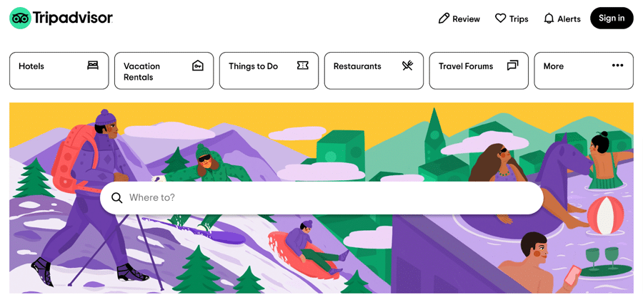 TripAdvisors hjemmeside med en illustration af folk, der står på ski på et bjerg og andre mennesker i et spabad, overlejret af en hvid søgelinje, der siger "Where to?" i grå tekst.