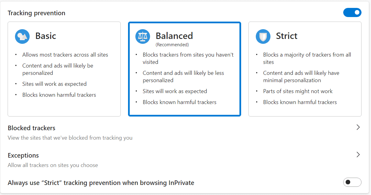 Configuración de prevención de seguimiento de Microsoft Edge.