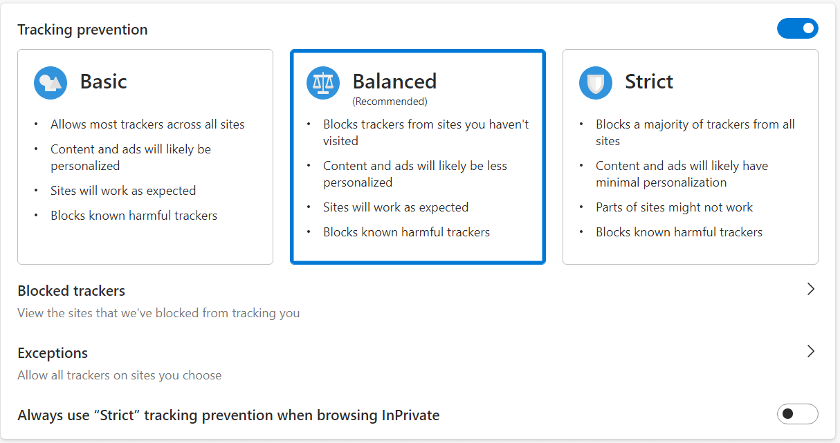 Réglages de prévention du suivi de Microsoft Edge.