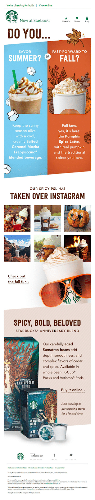 Newsletter de Starbucks annonçant les produits d'automne.