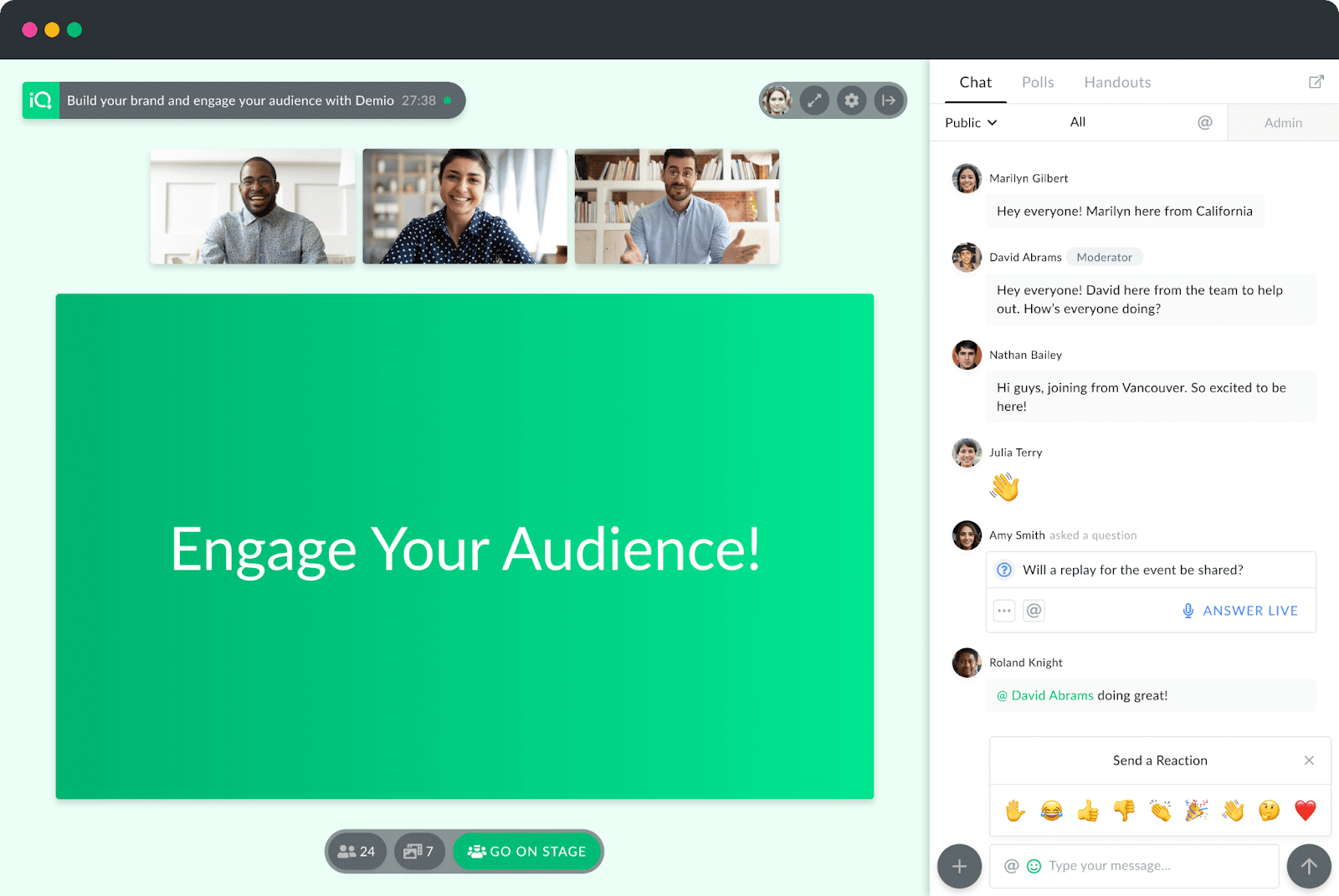 Demio webinar with audience engagement