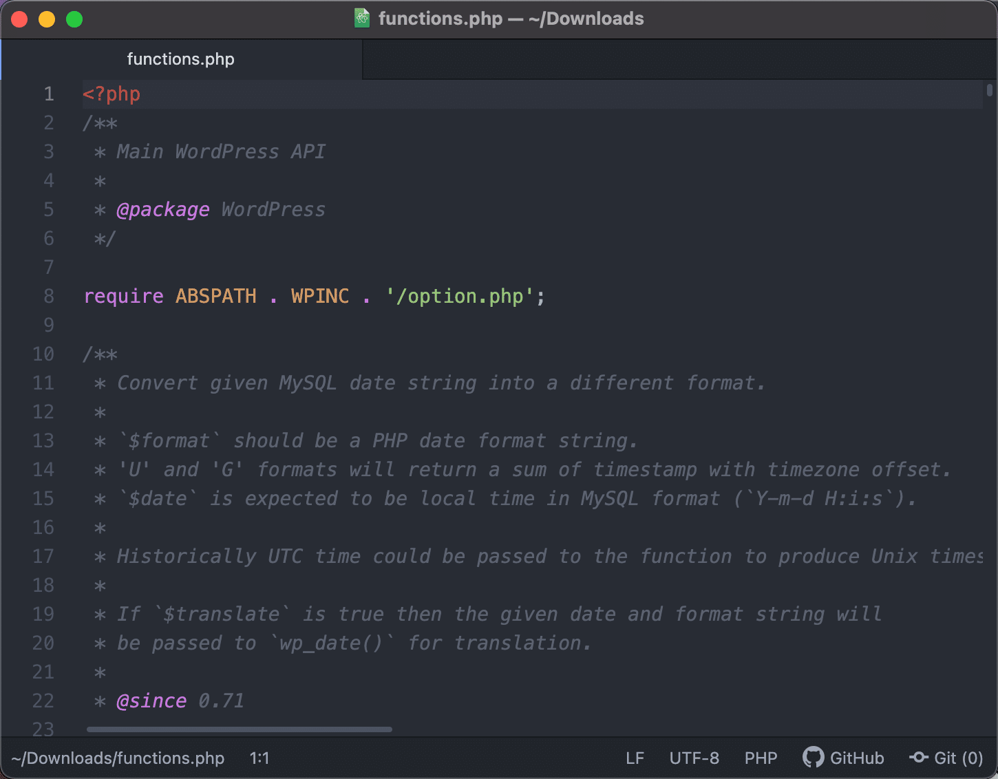 Viewing the functions.php file in Atom.