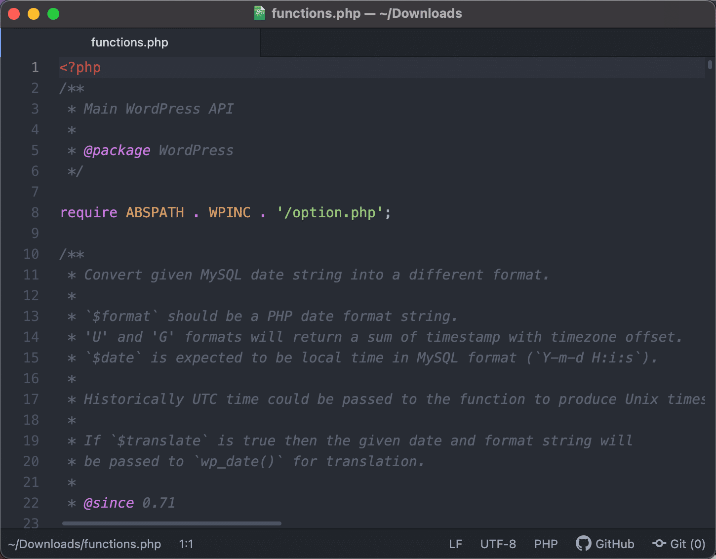 Visualizzazione del file functions.php in Atom.