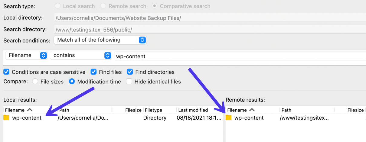 We see that the /wp-content file is available in both the local and remote environments.