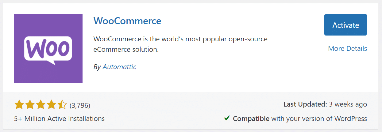 Schermata di installazione del plugin WooCommerce