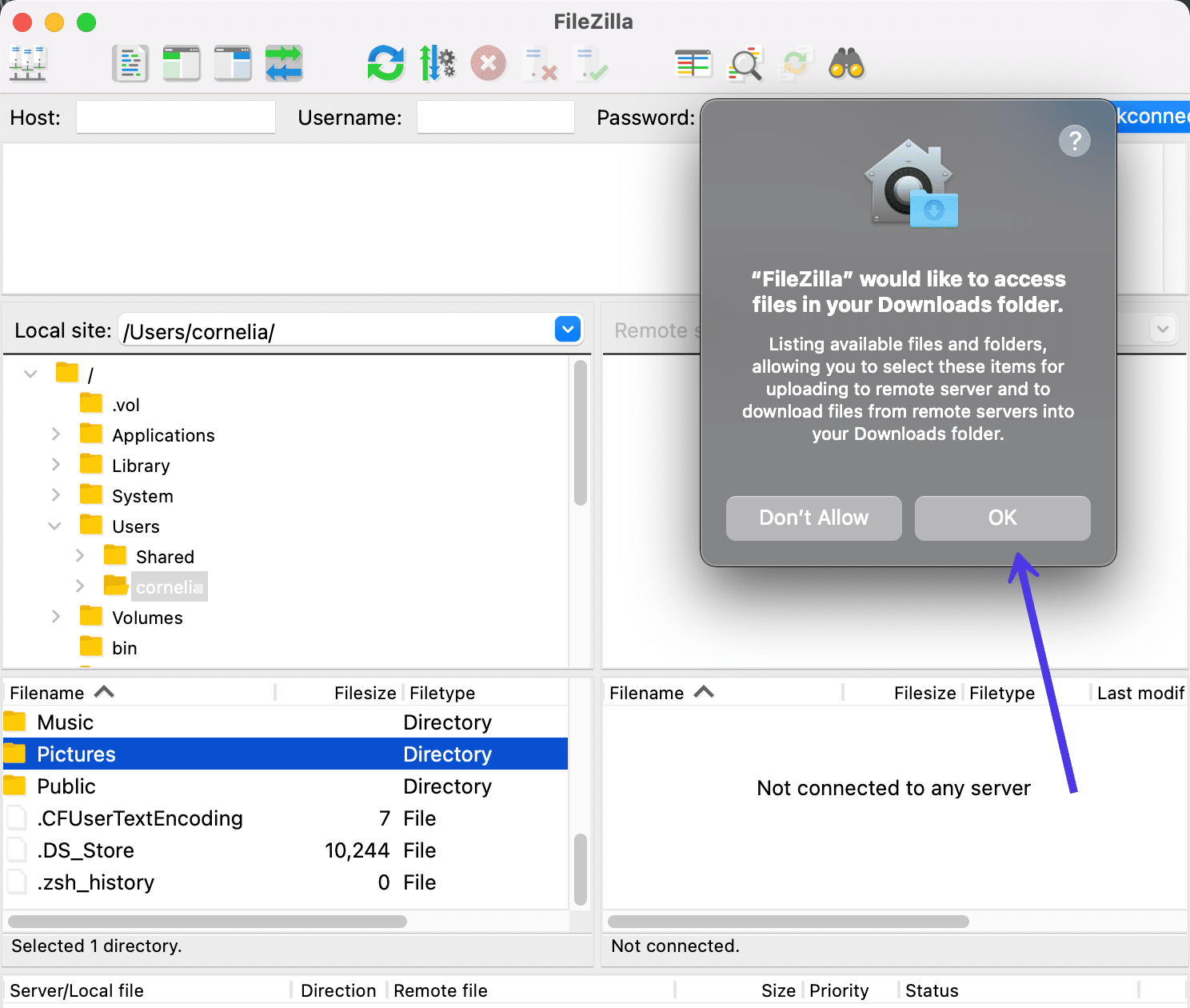 Schermata della notifica su MacOs con cui FileZilla chiede di accedere alle cartelle locali.