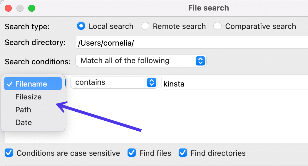 Cercate i file in base al nome, alle dimensioni, al percorso o alla data.