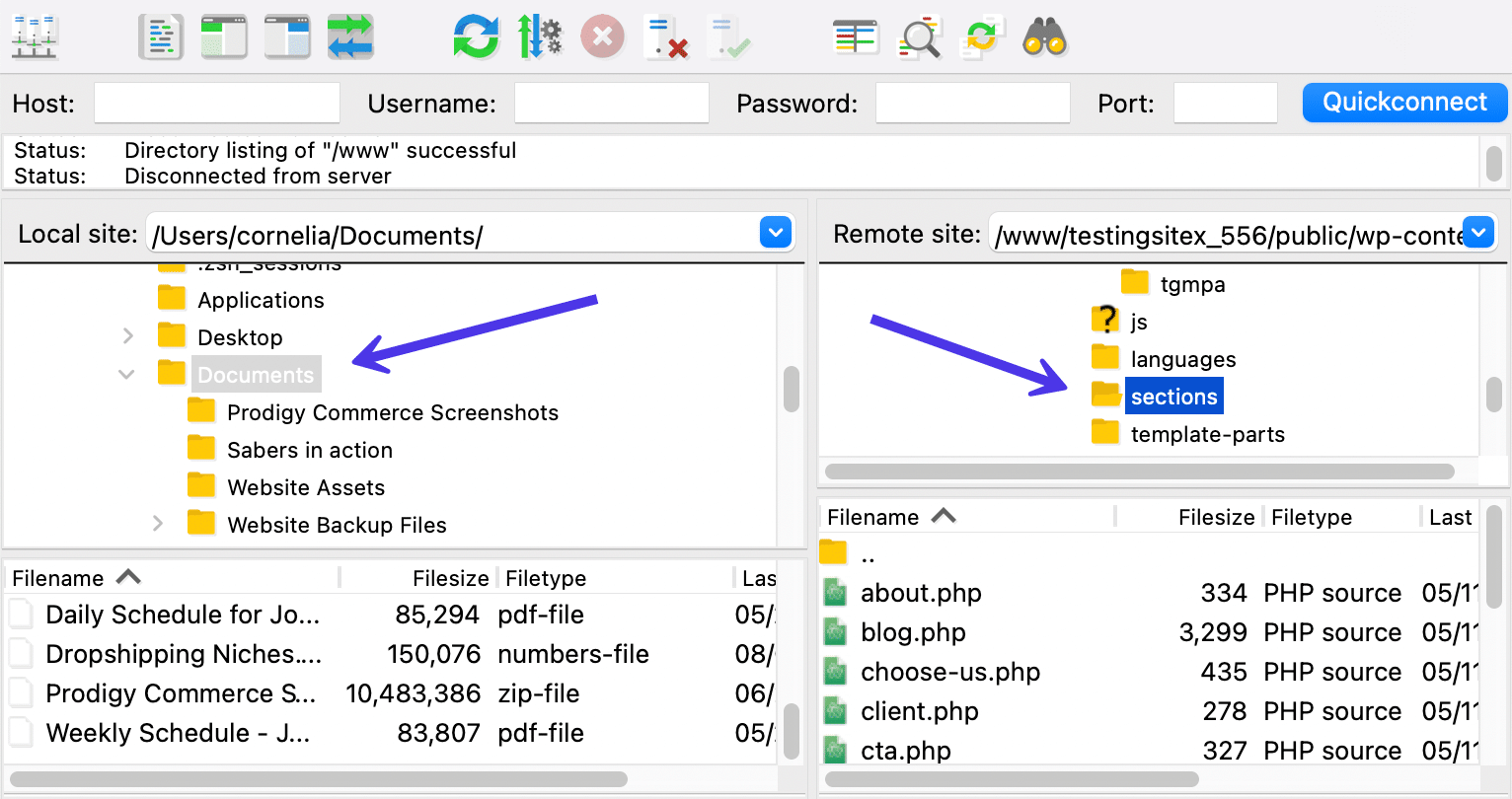 Een voorbeeld van een gebruiker die elders in FileZilla is.