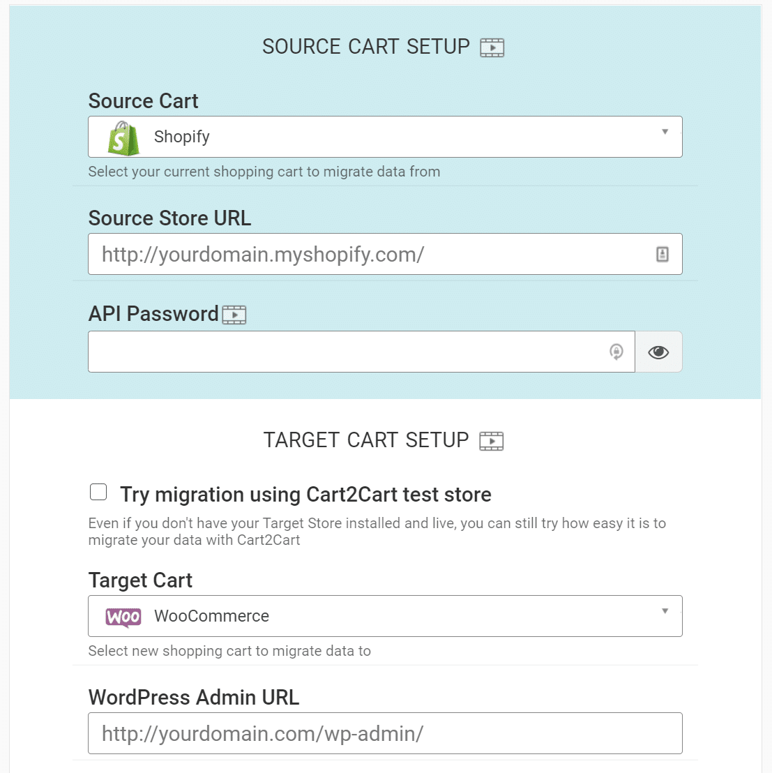 Processo de configuração do Cart2Cart