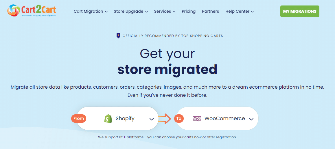 Schermata di Cart2Cart e il motto Get your site migrated