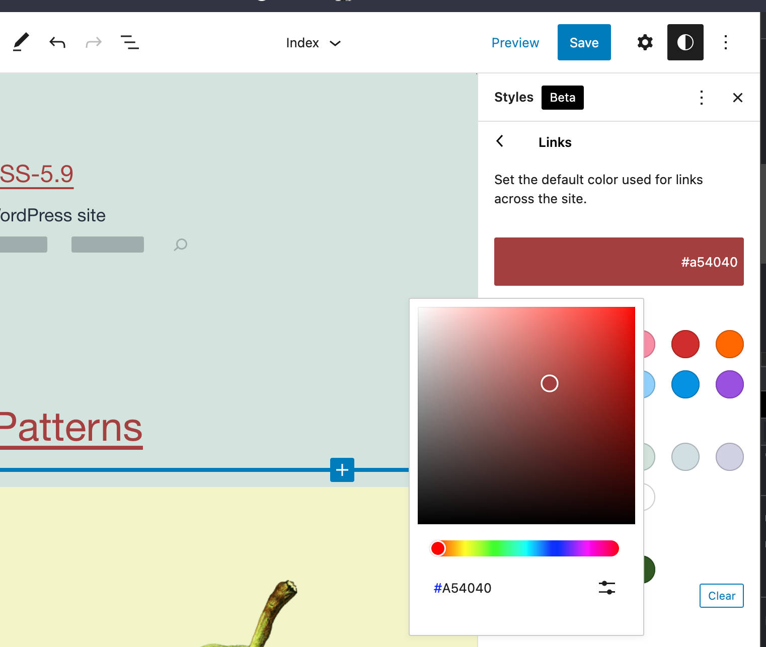 A color picker selecting a deep red color in the Global Styles panel.
