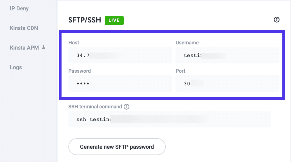 Schermata delle credenziali SFTP/SSH nel cruscotto MyKinsta.
