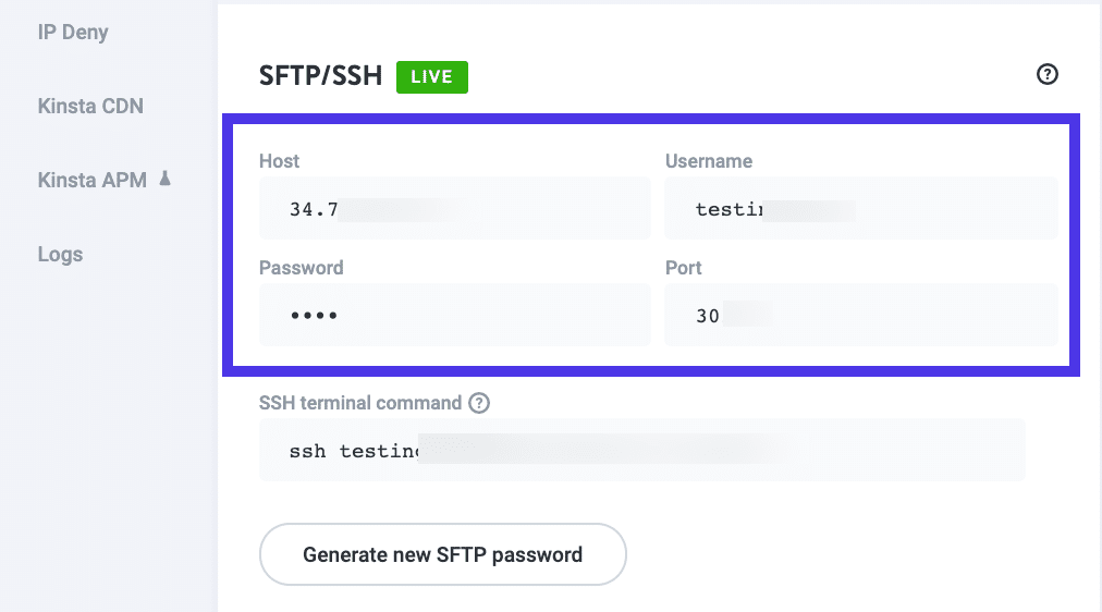 Copy the credentials from MyKinsta to FileZilla.