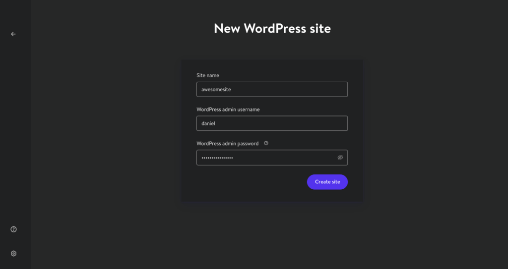 MyKinsta new WordPress site form with the fields of 