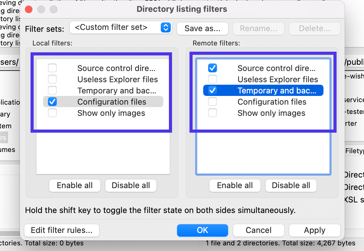 Vous pouvez ajouter différents filtres sur les côtés distant et local.