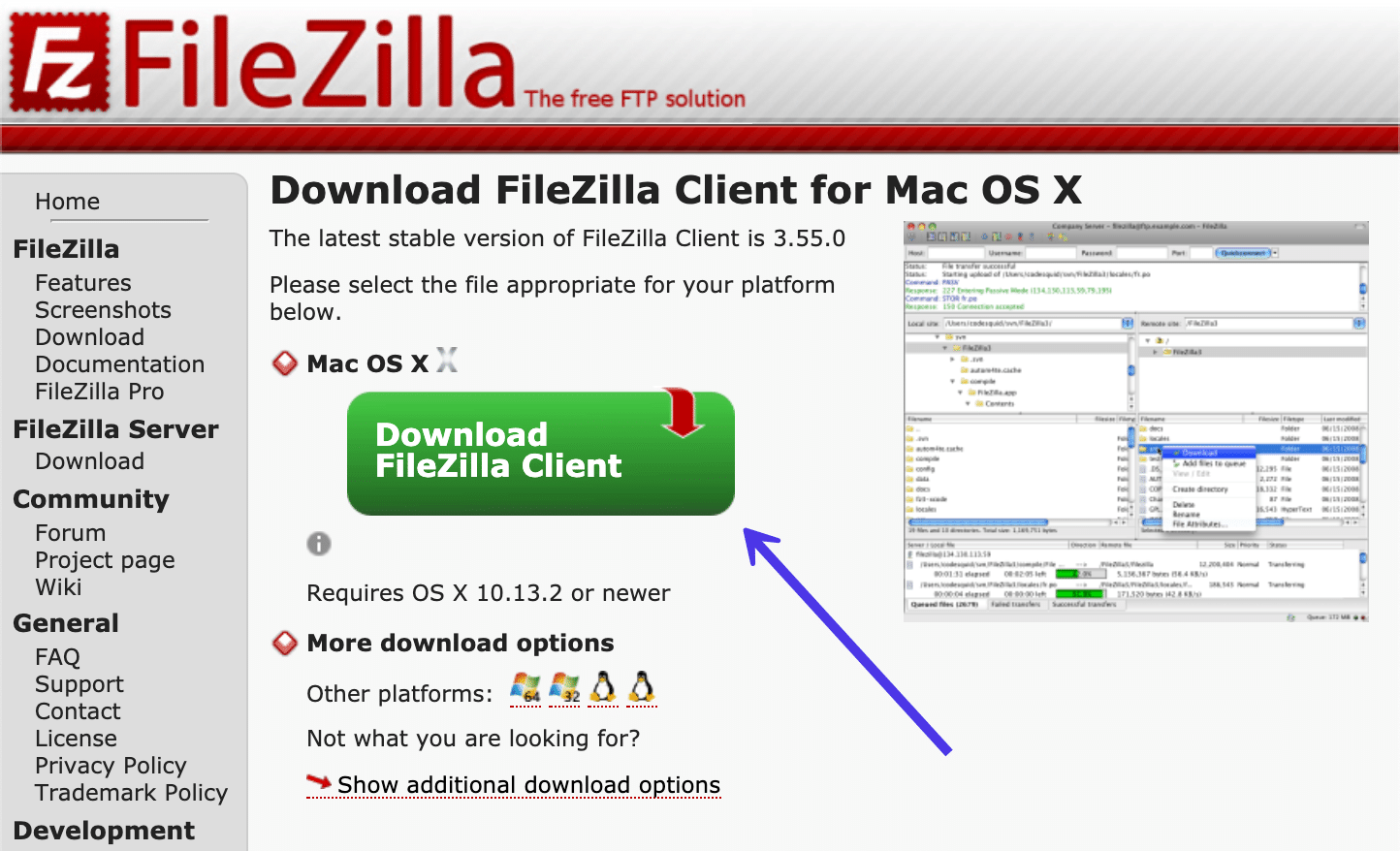 Schermata dalla pagina di FileZilla dedicata al download di FileZilla Client per Mac Os X