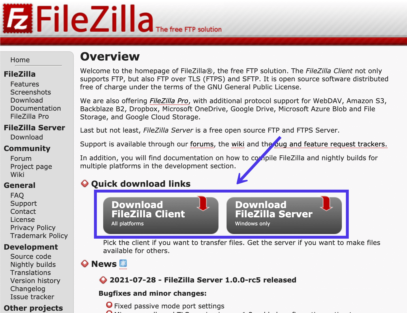 Schermata dell’homepage di FileZilla in cui sono evidenziati i due pulsanti Download per FileZilla Client e FileZilla Server.