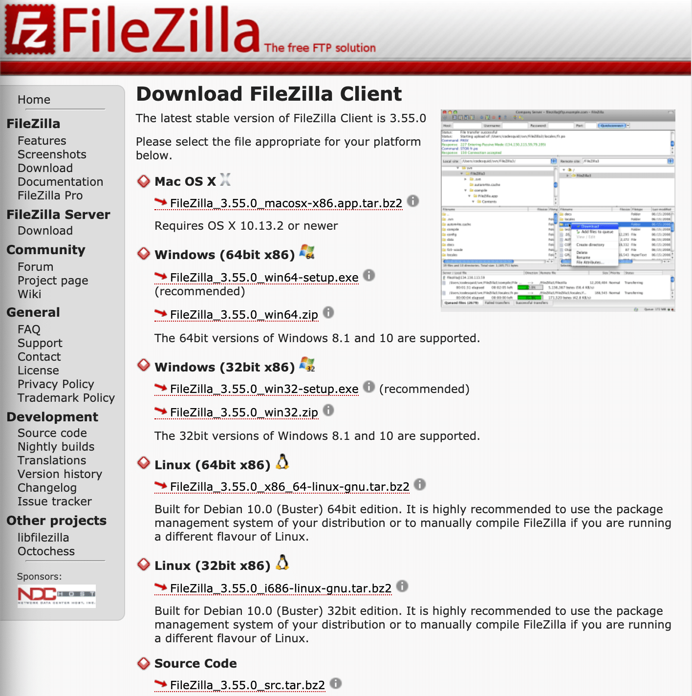 La pagina del sito di FileZilla con le versioni dei sistemi operativi e i link di Download.
