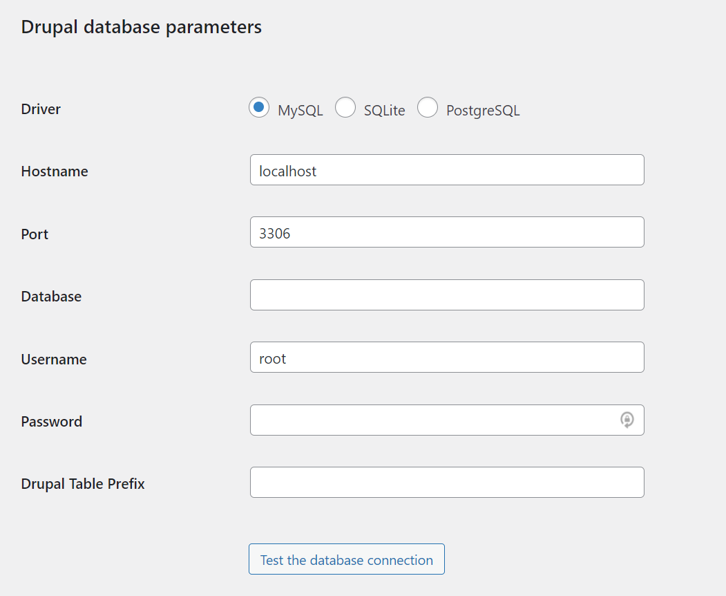 Introduce los parámetros de tu base de datos Drupal