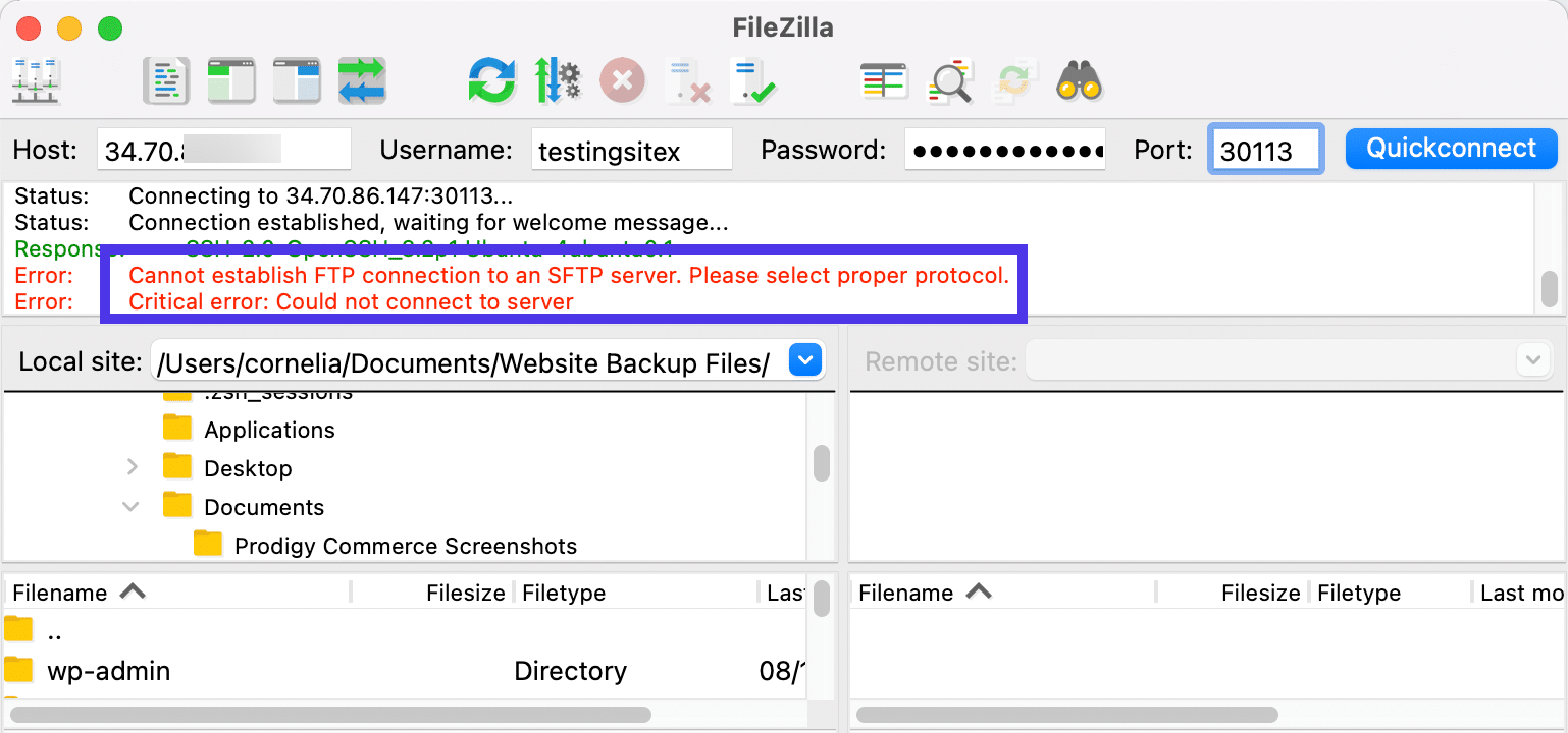 Alcuni dei messaggi di errore che indicano un problema nell’uso del protocollo come Cannot establish FTP connection to an SFTP server.