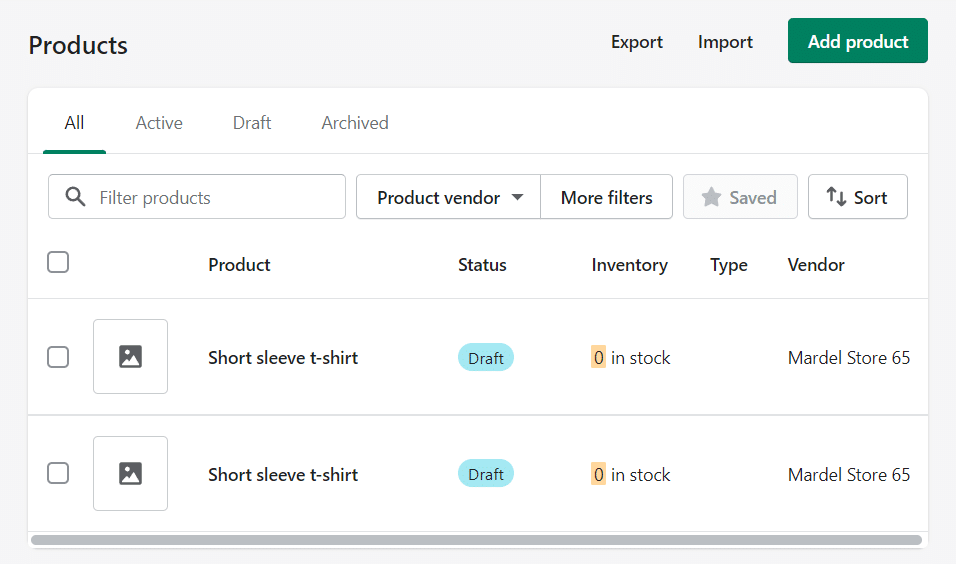 Schermata per cercare i prodotti in Shopify da esportare