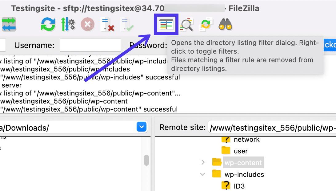 Om bestanden te filteren in FileZilla, klik je op de knop Directory Listing Dialog.