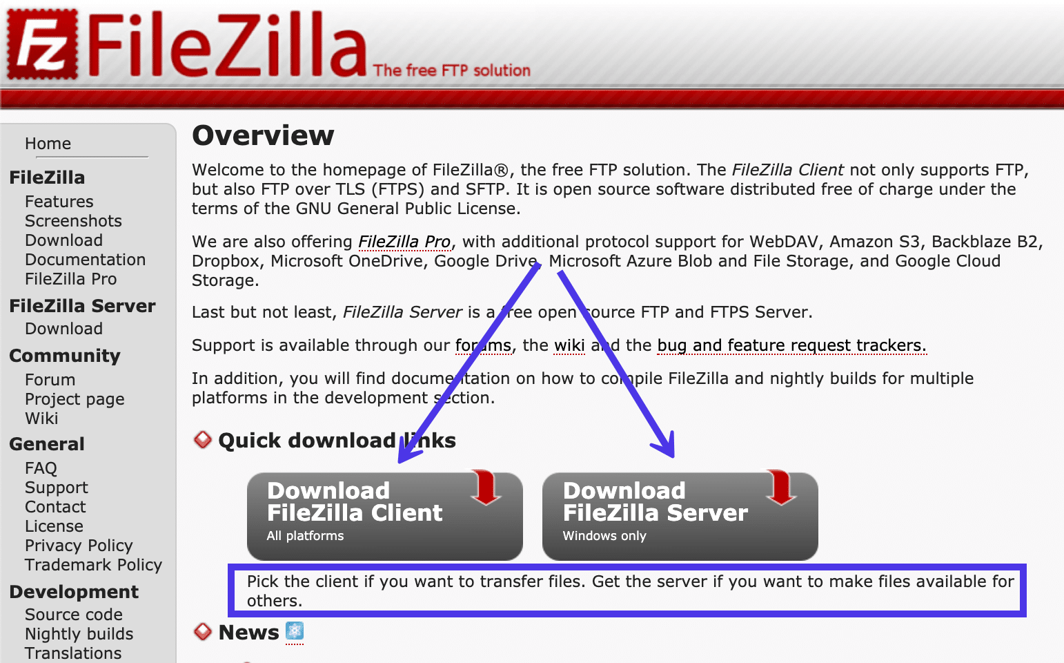 Homepage del sito di FileZilla con le due opzioni per scaricare FileZilla Client e FileZilla Server.