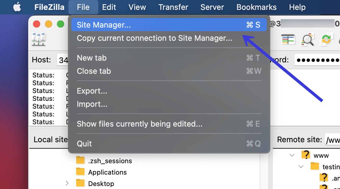 Schermata del menu FileZilla che si apre alla voce File > Site Manager.