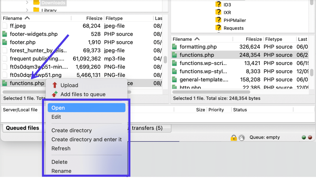 Un clic con il tasto destro del mouse su un file locale presenta le opzioni per il caricamento.