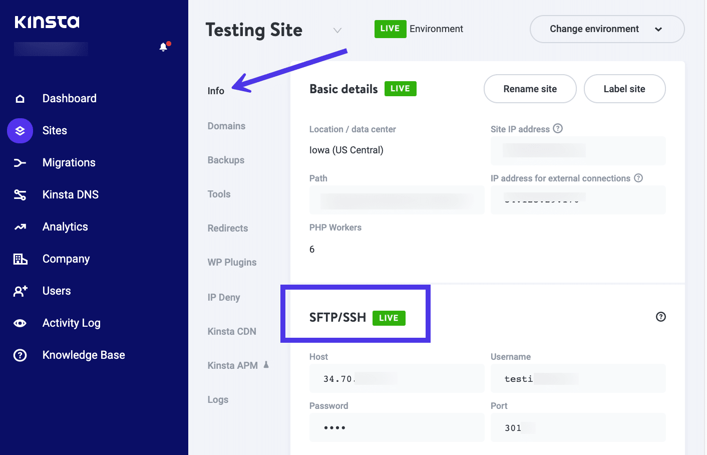 Ga naar Info > SFTP/SSH in MyKinsta.