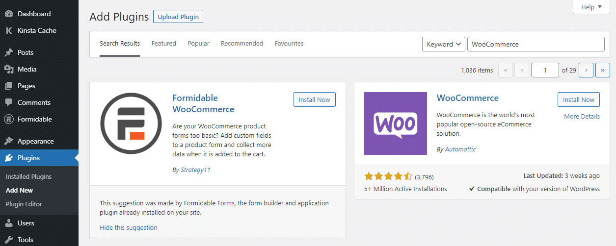 Schermata dei plugin WooCommerce da installare