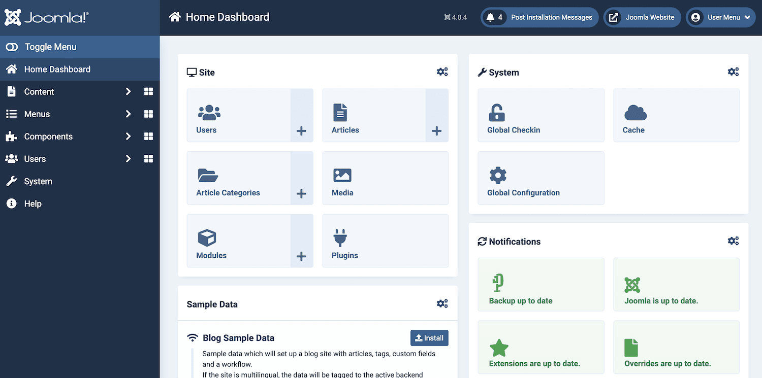 Painel de instrumentos Joomla