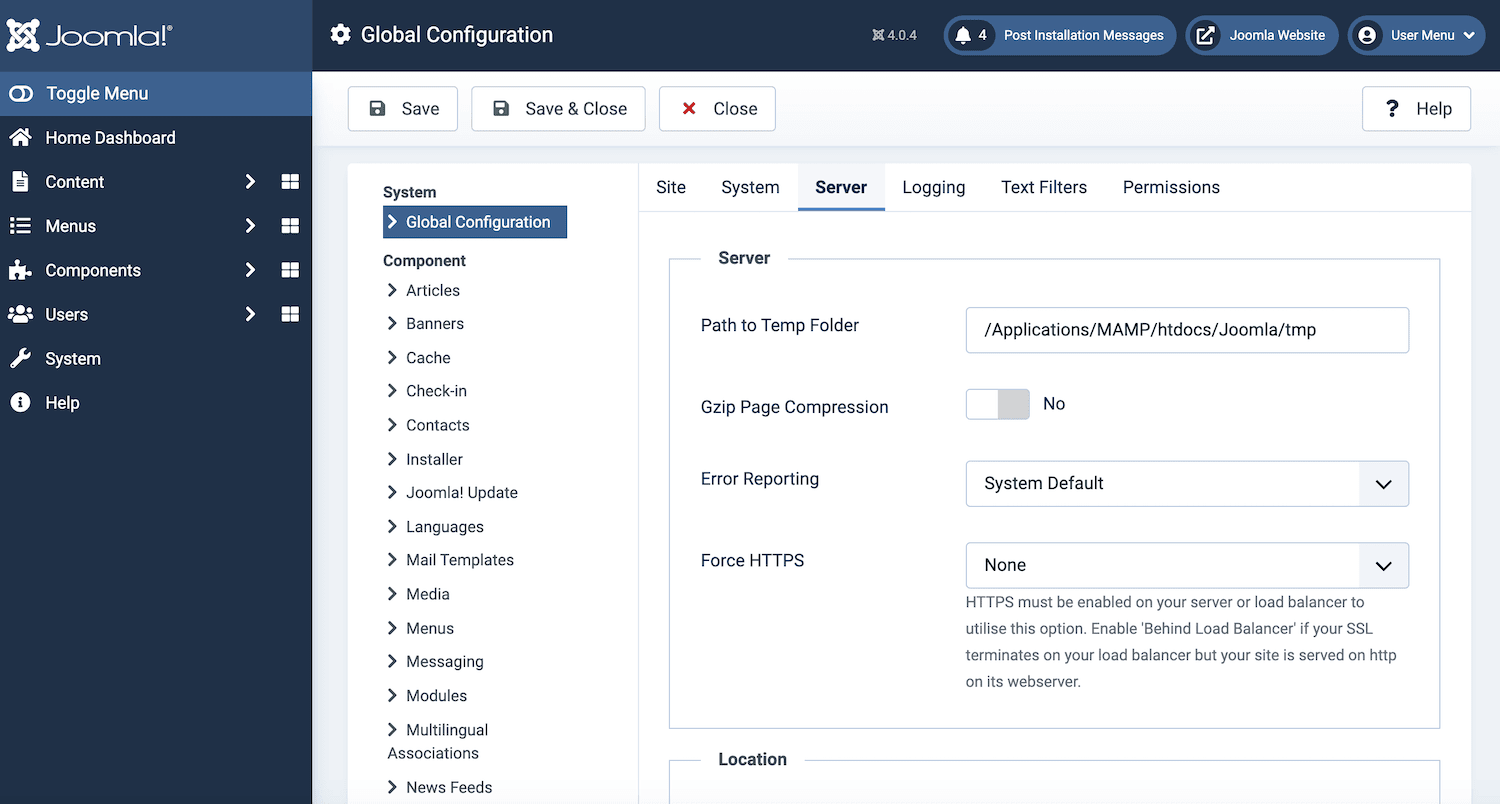 Pannello di controllo di Joomla.