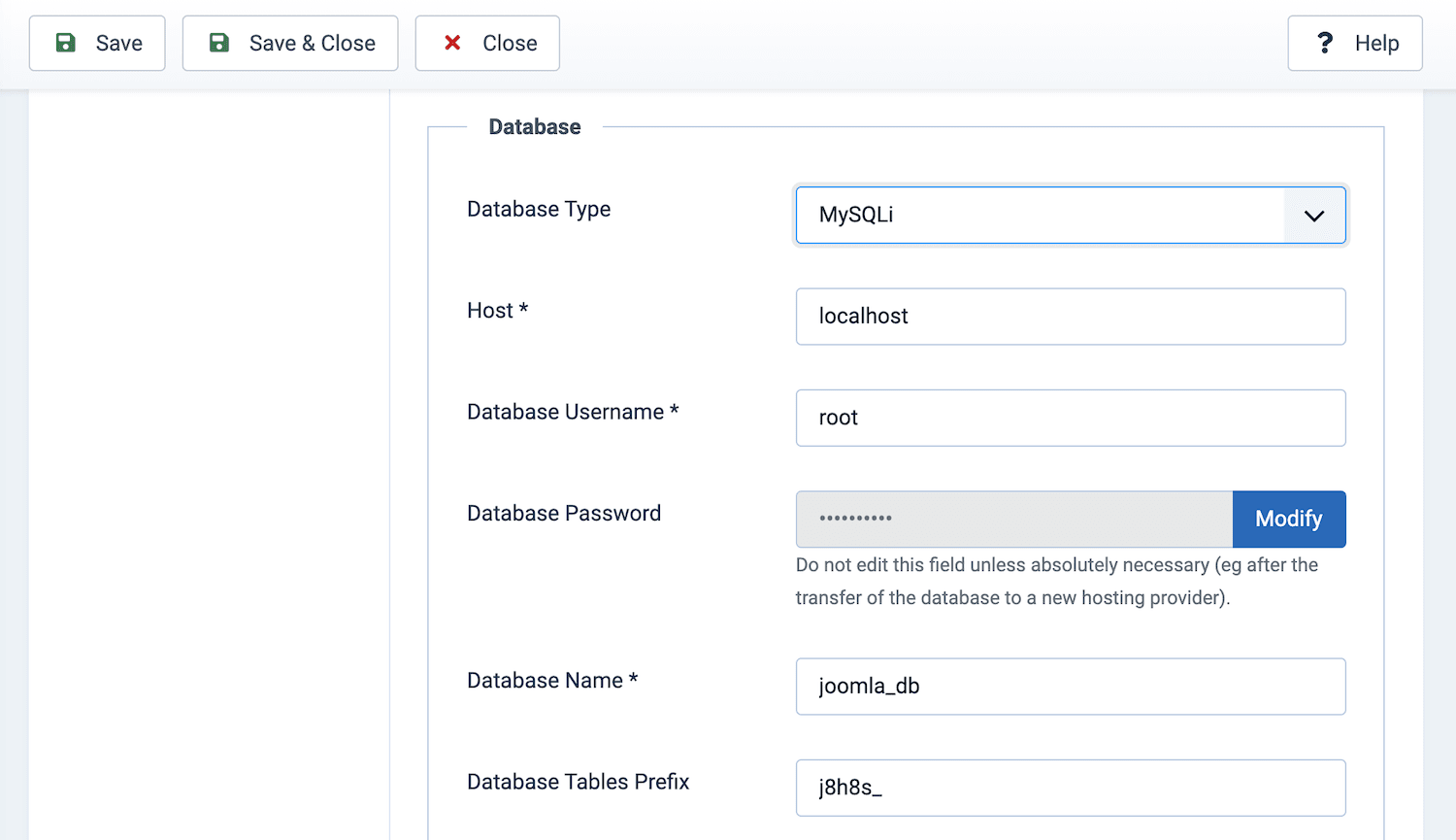 Configurações da base de dados