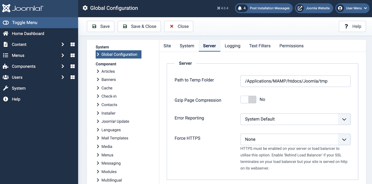 Wähle auf der Registerkarte Globale Konfiguration den entsprechenden Server aus.