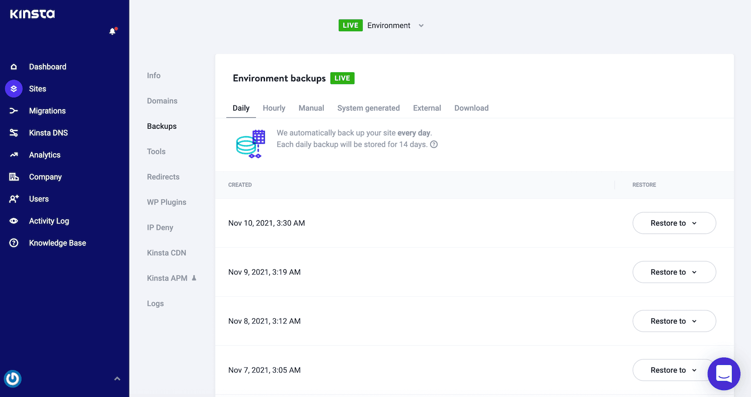 Crea un backup in MyKinsta.