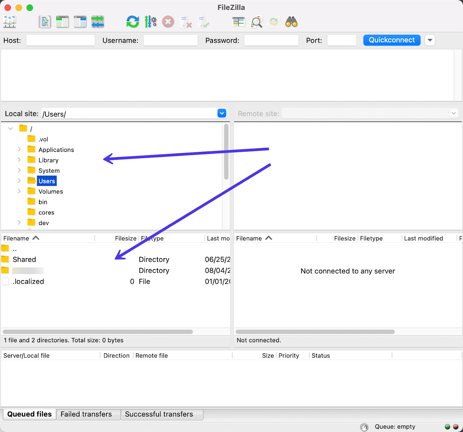 The view of your local files in FileZilla.