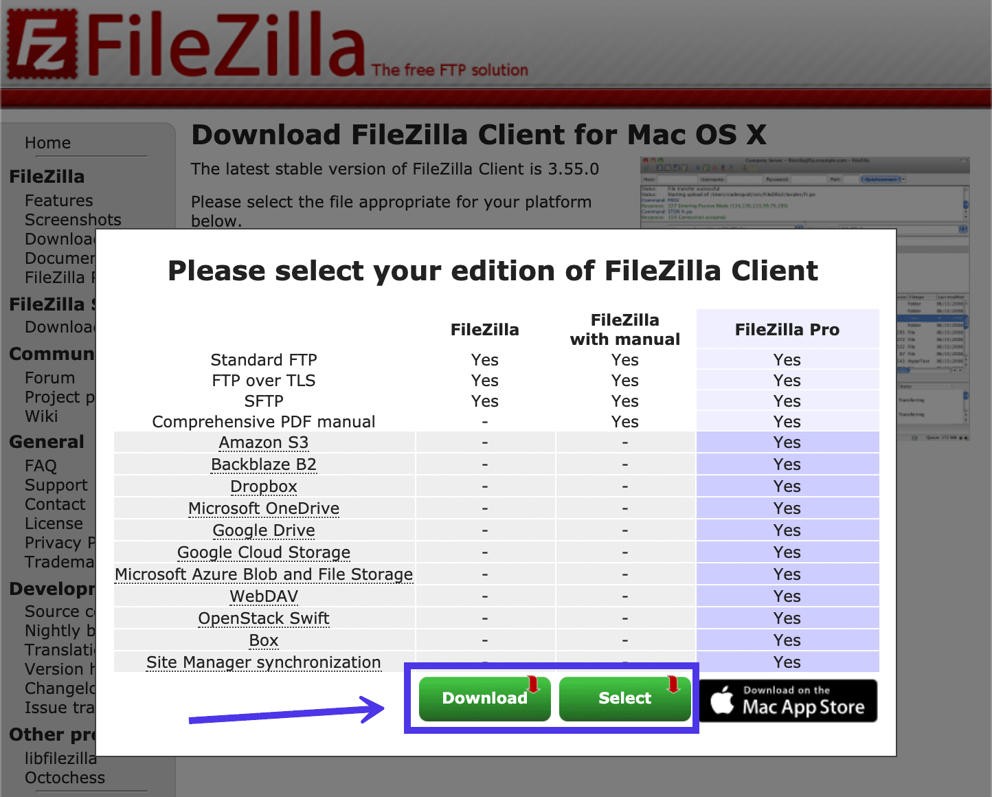 Wähle aus, ob du FileZilla allein oder mit Handbuch herunterladen möchtest
