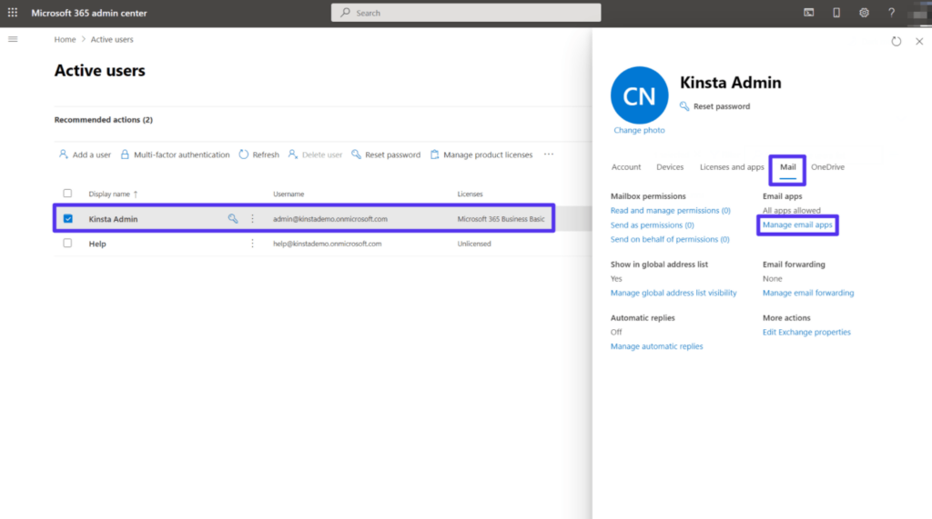 Cómo abrir la configuración de SMTP en el centro de administración de Microsoft 365.