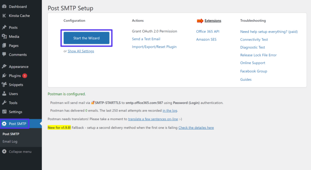 How to launch the Post SMTP setup wizard.
