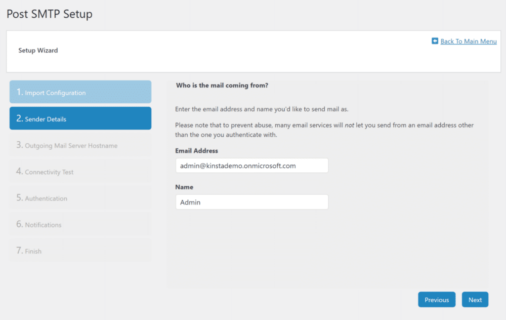 Dónde introducir los datos del remitente de Microsoft 365 en la configuración del plugin.