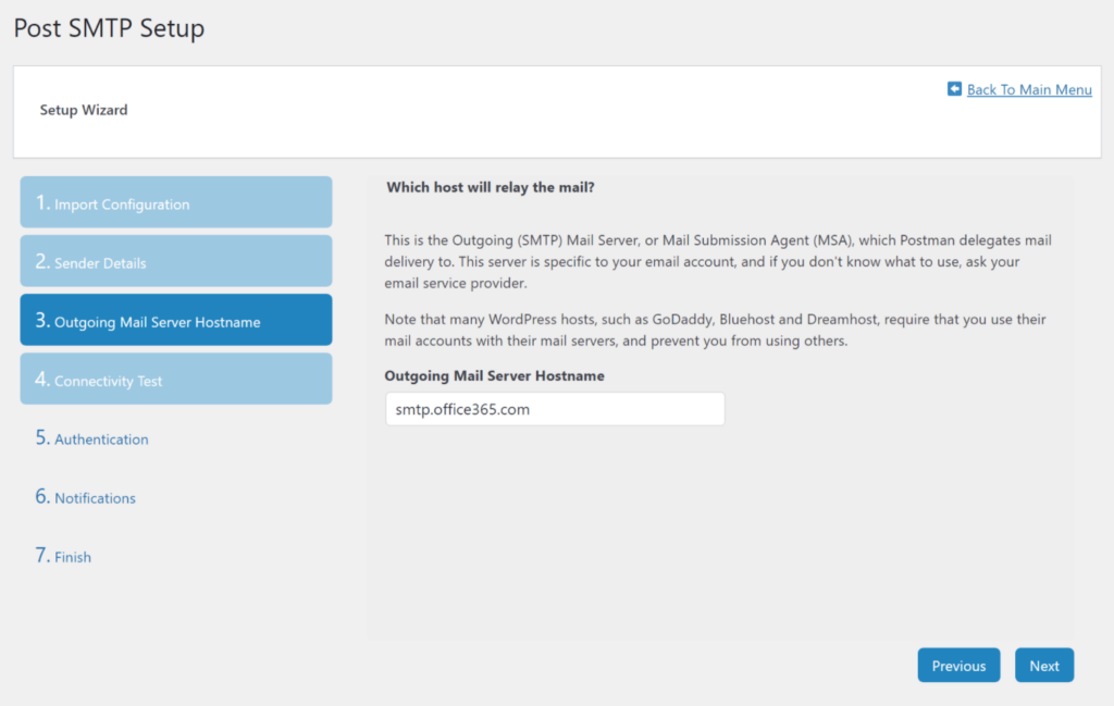 Dove inserire l'hostname del server SMTP di Microsoft 365.