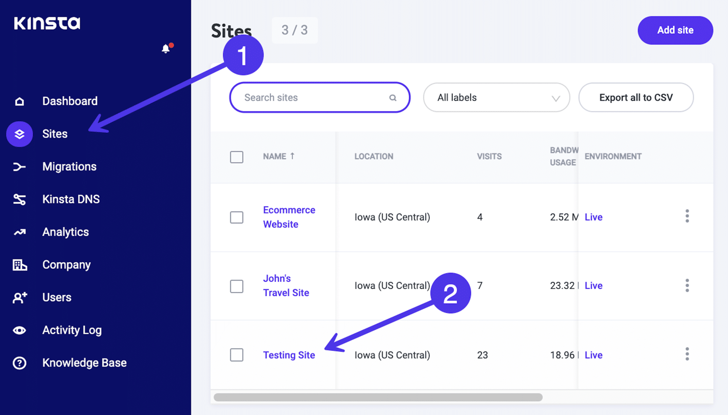 Em MyKinsta, clique em Sites, depois escolha o site ao qual você quer se conectar.