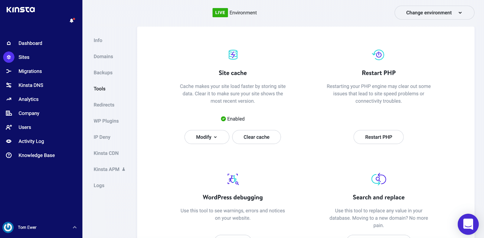 The "tools" tab in MyKinsta