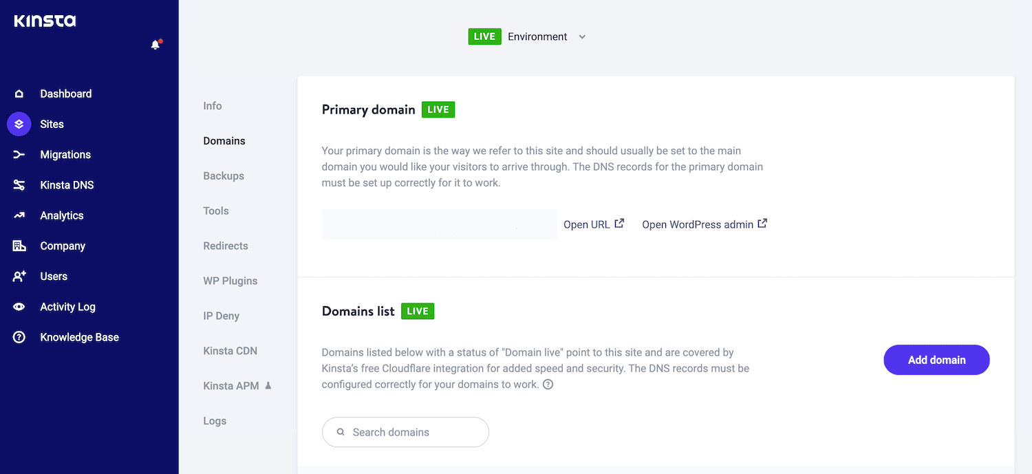 The domains section in MyKinsta