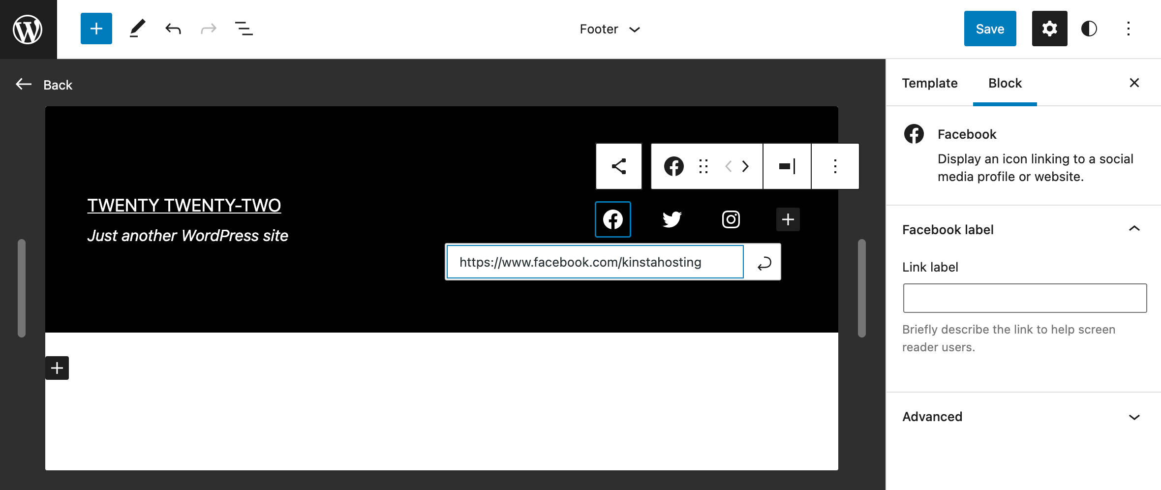 Modificare il footer nell'editor delle parti di template isolate