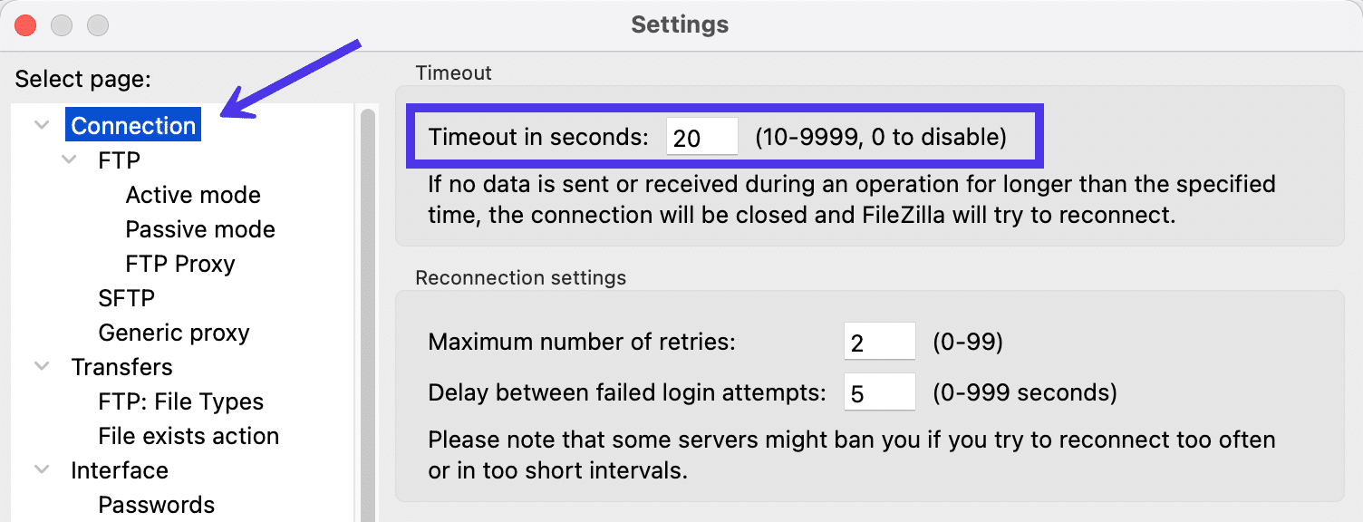 Schermata Settings di FileZilla con la pagina Connection selezionata e l’opzione Timeout in Seconds in cui è stato inserito il numero 20.